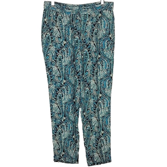 TALBOTS MP Lightweight Rayon Tapered Ankle Pants Teal Paisley Pull On Summer - Picture 2 of 6